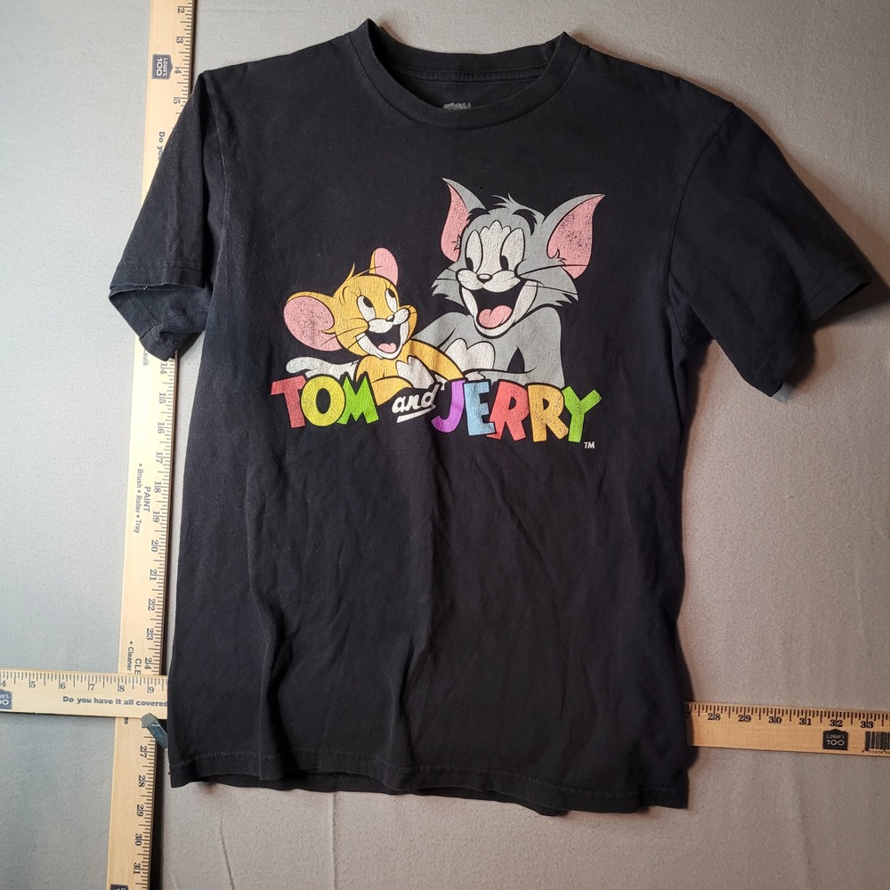 Tom and Jerry Graphic T-Shirt Mens Small Black Short Sleeve Cotton Cartoon Tee